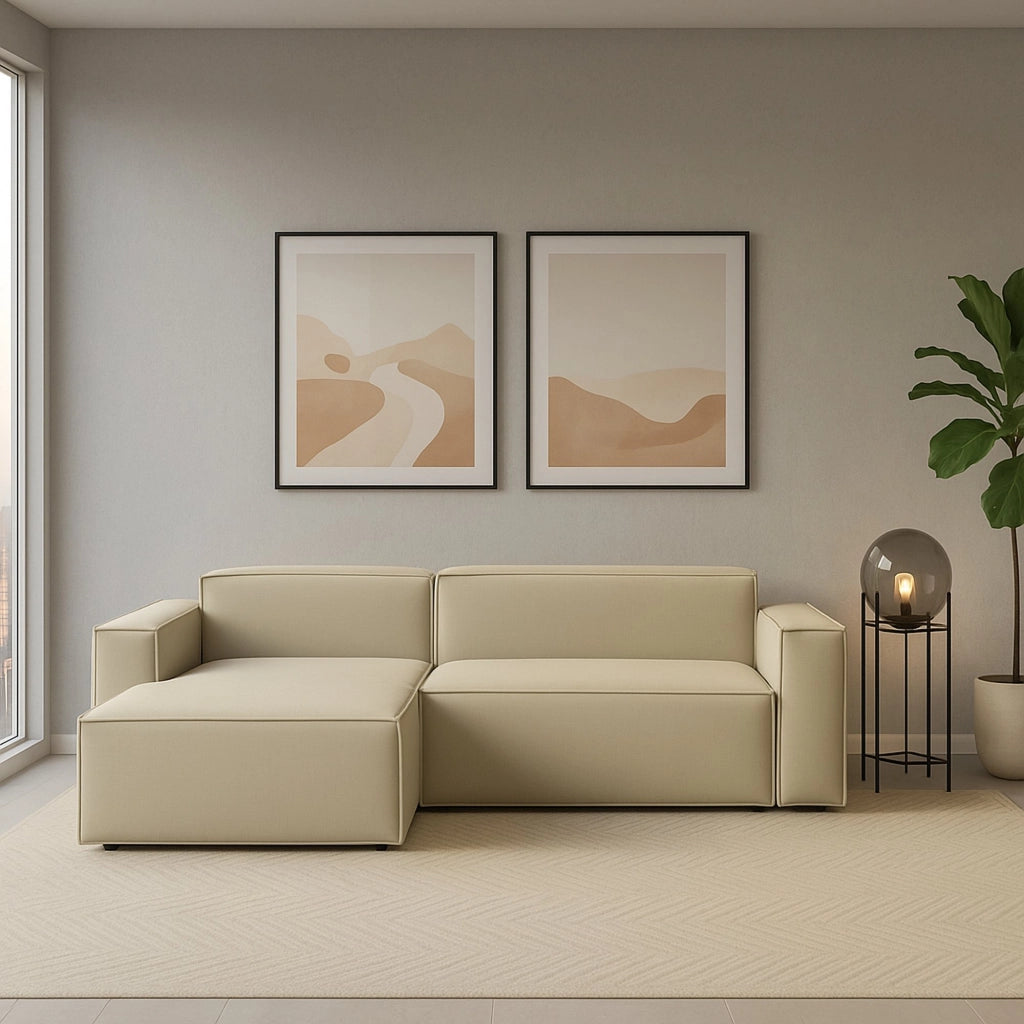 Divano fisso Assurte, Divano componibile a 2 posti large con penisola sinistra, Made in Italy, Sofà\  moderno in tessuto, Cm 240x170h70, Beige