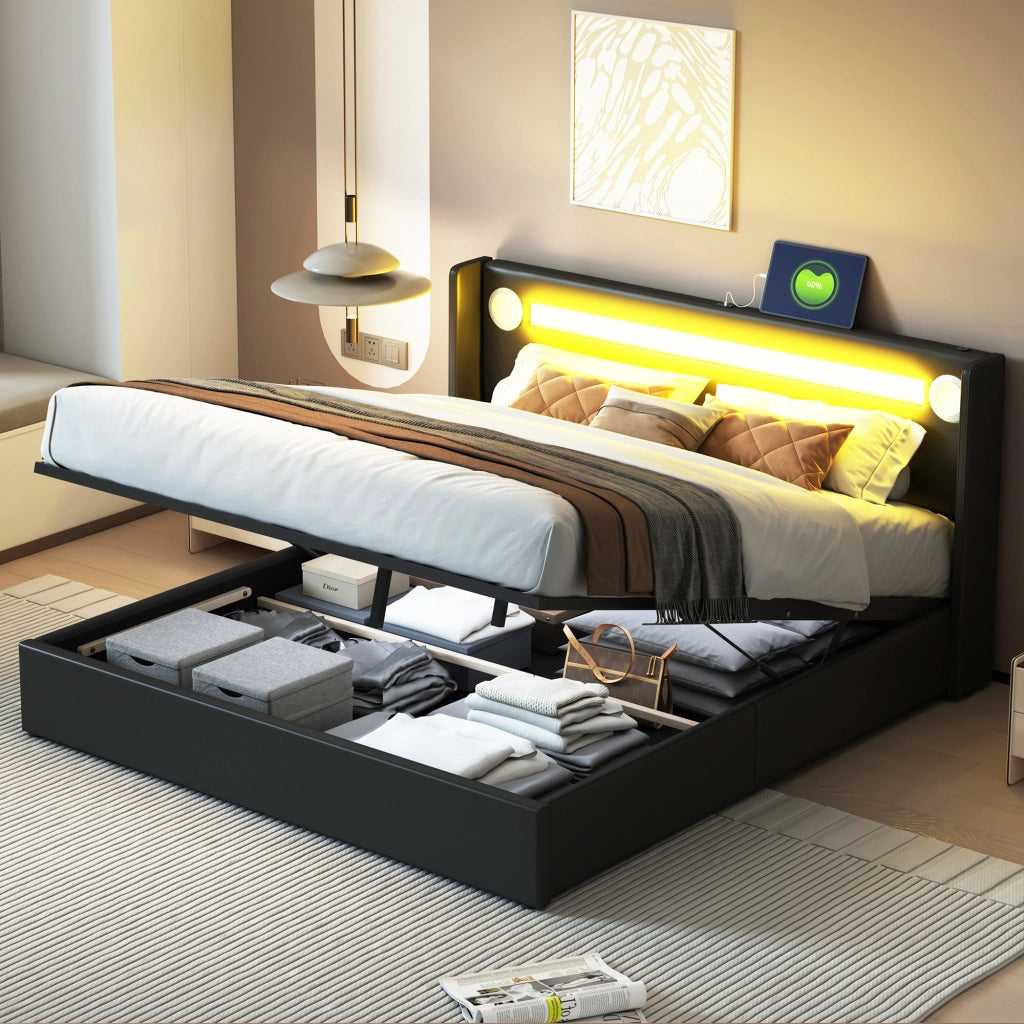 Letto Contenitore 160x200 cm; Letto Matrimoniale con LED; Bluetooth e USB in PU Nero