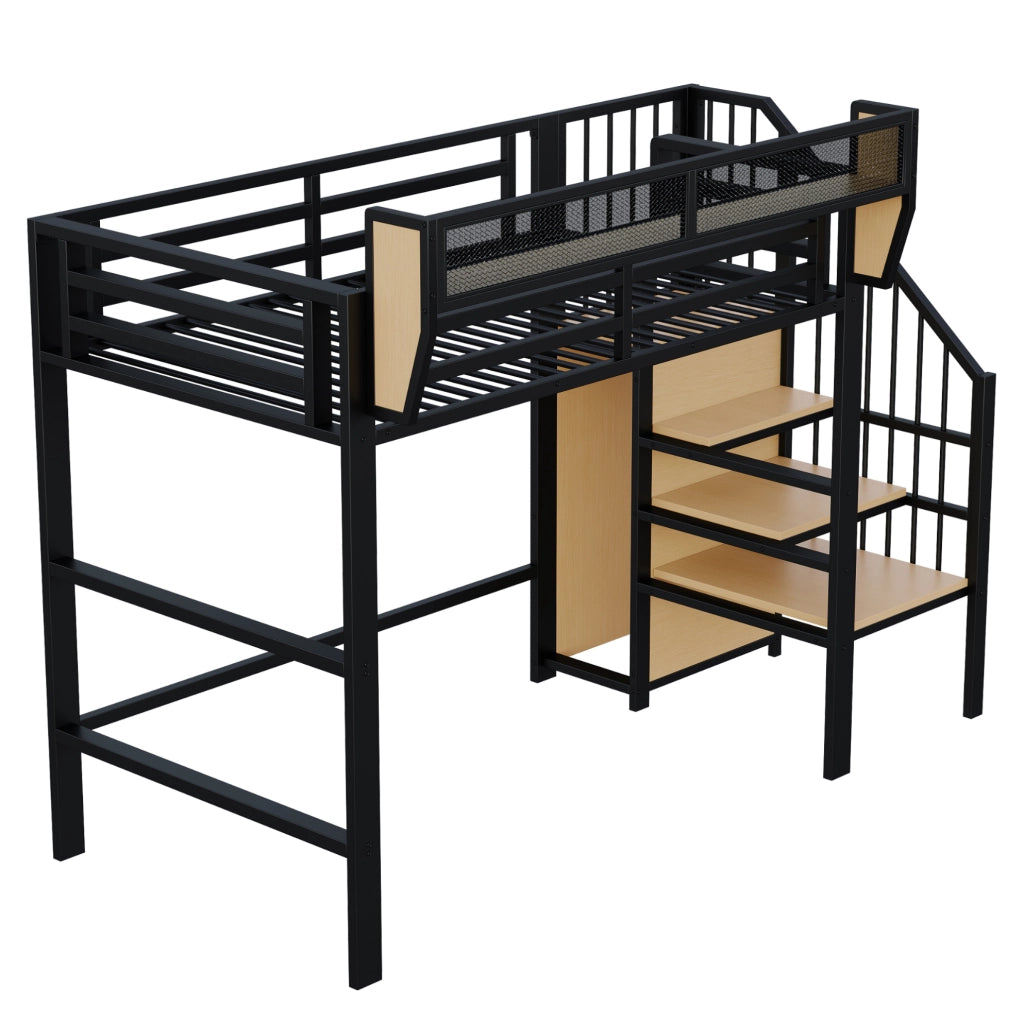 Letto a soppalco 90x200 in metallo con scala di sicurezza e ripiano flessibile, nero