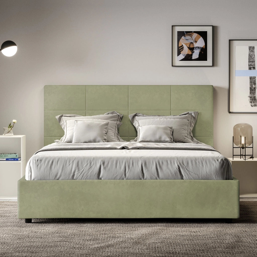 BS COM Letto matrimoniale francese contenitore imbottito 140x210 microfibra tè verde
