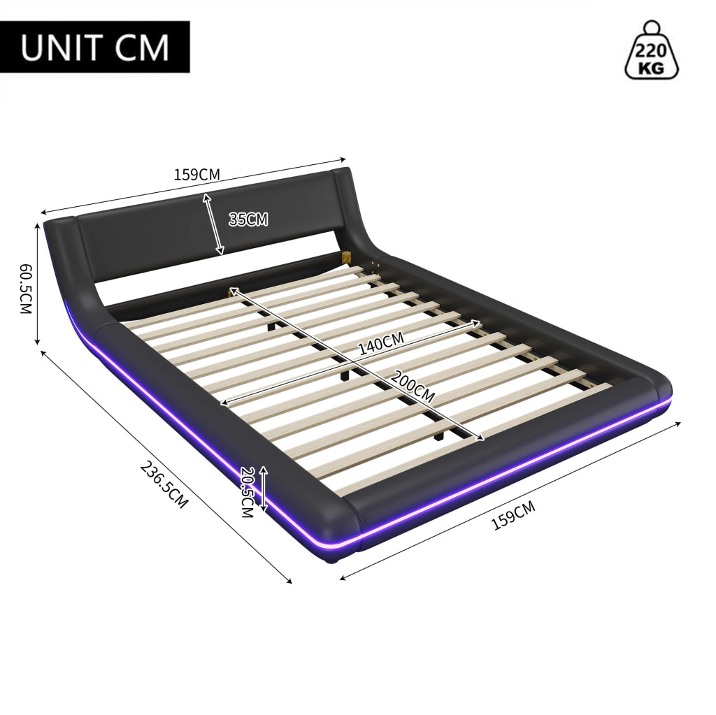 Letto a pavimento 140x200 cm con LED; PU e MDF nero