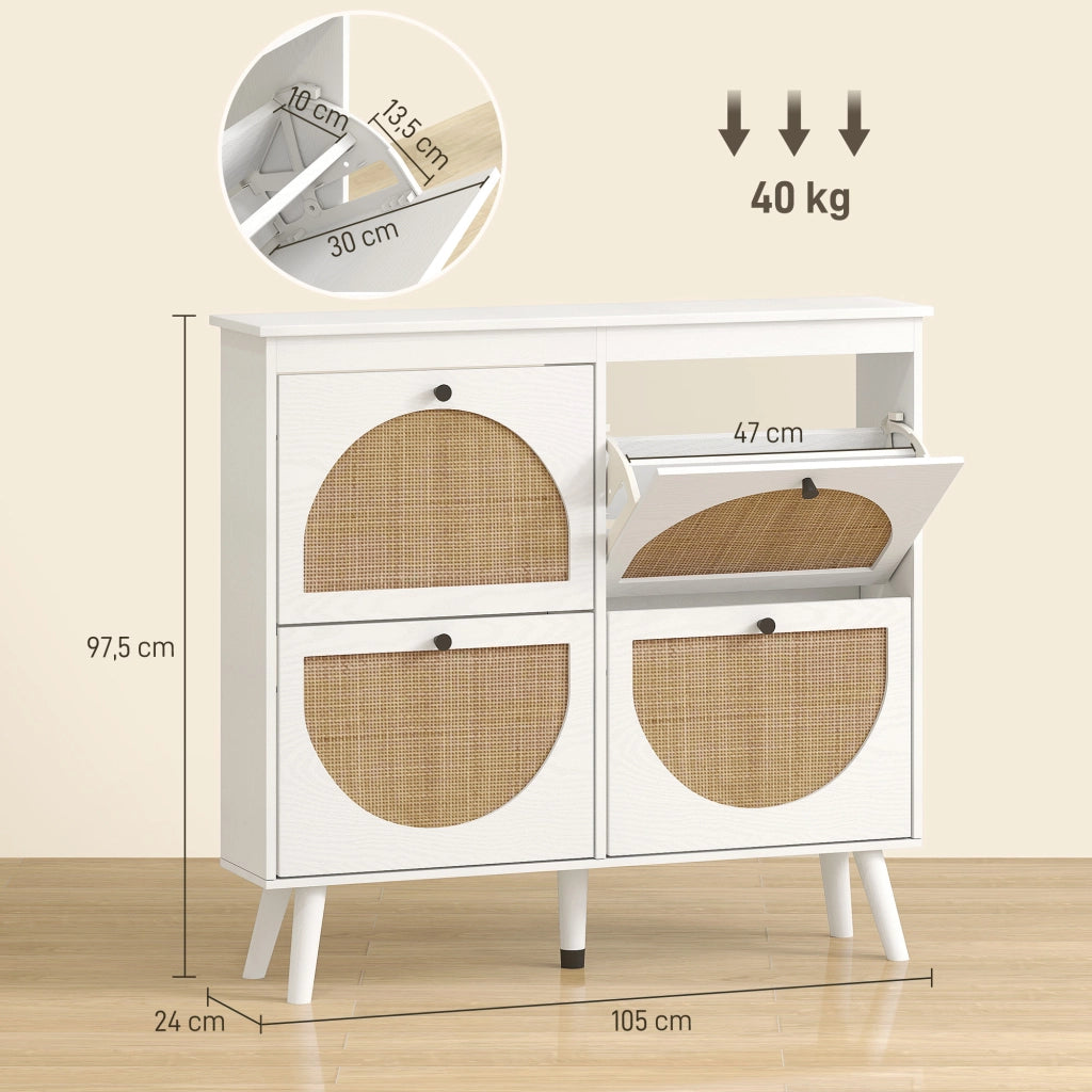 Scarpiera 4 ante 20 paia ripiani regolabile stile bohemien legno massello 105x24x97.5 cm bianco ¨C Minimal