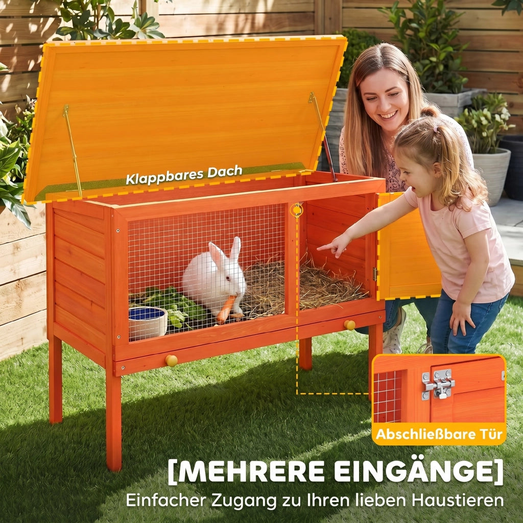 Gabbia per conigli in legno con tetto apribile e cassetto estraibile ¨C Minimal ¨C Arancione 90x45x65 cm
