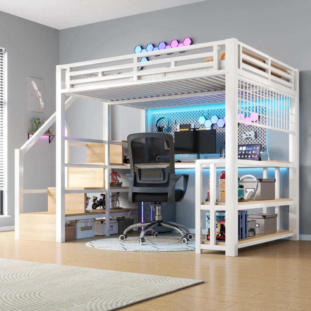 Letto a Soppalco con Scrivania e LED ¨C MINIMAL ¨C Bianco, 140x200, Metallo
