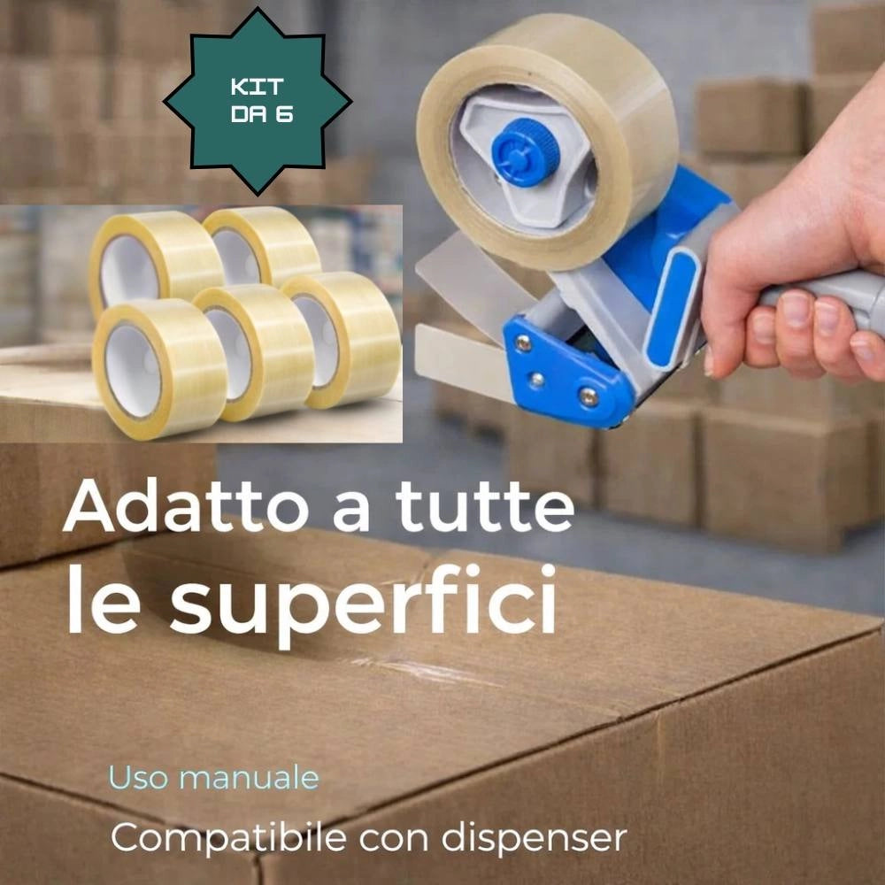 Kit nastro adesivo silenzioso trasparente per imballaggio 50mm x 66mt