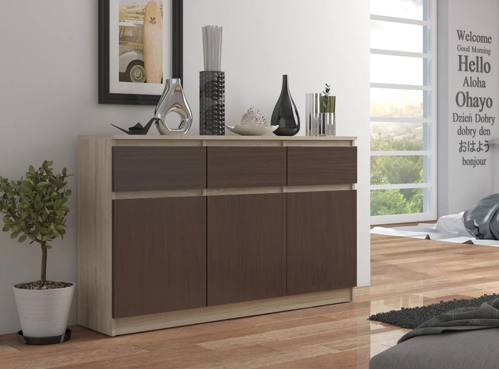 Cassettiera AKORD K140 Sonoma Quercia 138 cm 3 ante 3 cassetti inserto frontale Wengé 138x40x99 cm