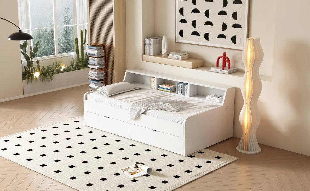 DESMIU Letto singolo 90 × 200 cm con 2 cassetti e 3 vani portaoggetti, senza materasso, in legno di pino e MDF, bianco