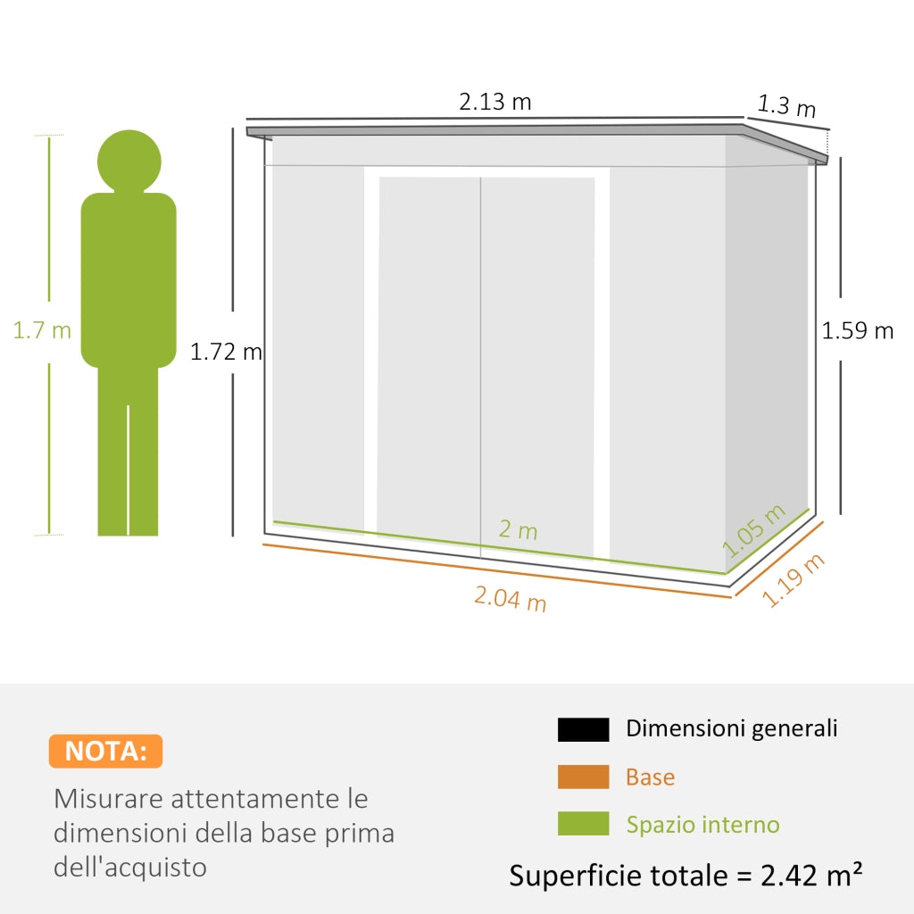 Capanno Attrezzi con Tetto Inclinato 213x130x172 cm 2 Ingressi e Prese d'Aria in Acciaio Grigio Scuro