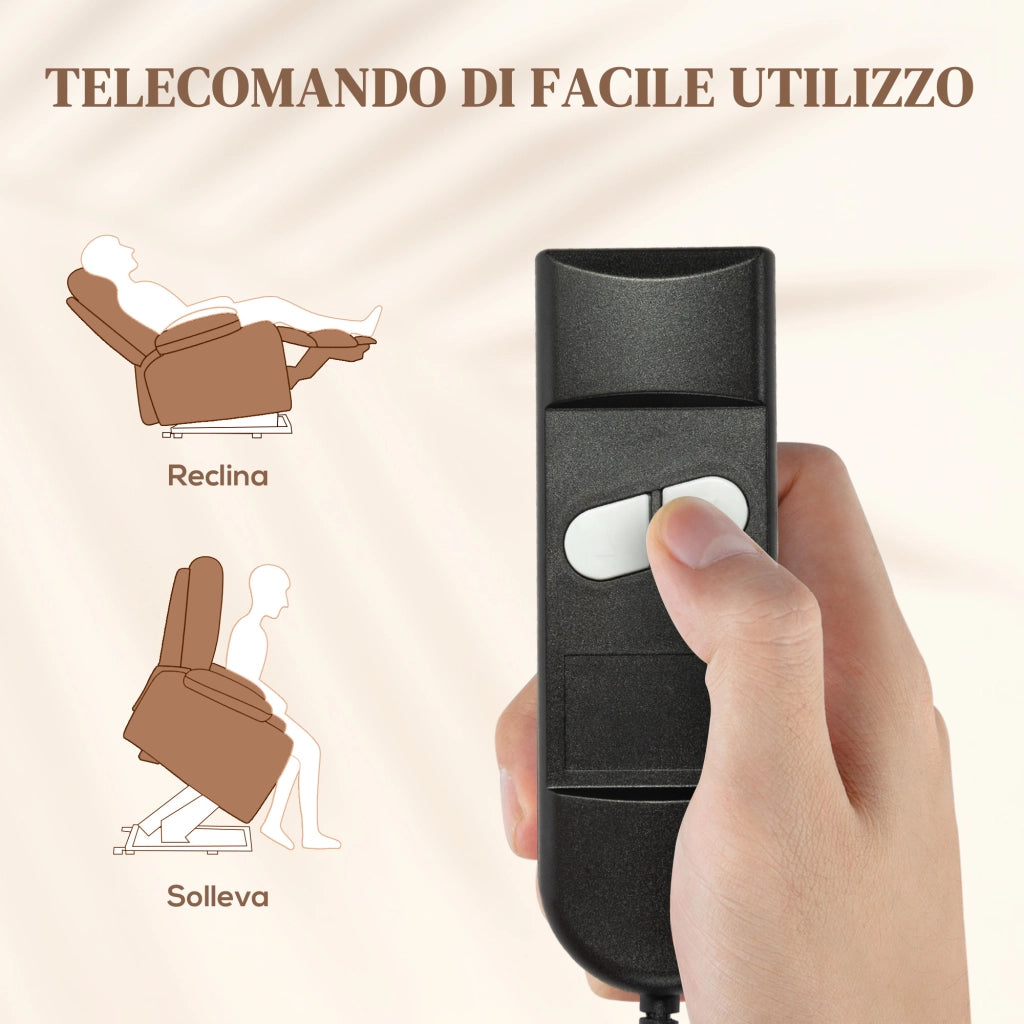 Poltrona Alzapersona Reclinabile a 160¡ã con Poggiapiedi e Telecomando, in Velluto, 85x88x109 cm, Marrone