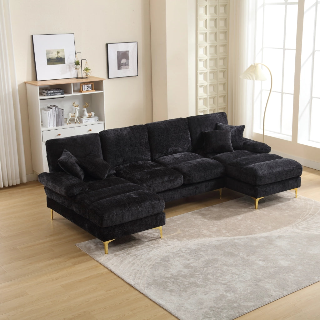 Divano Panoramico a U con Doppia Chaise Longue, 4 Cuscini Schienale, Gambe in Metallo, Ciniglia Nero 272 × 136 × 88 cm