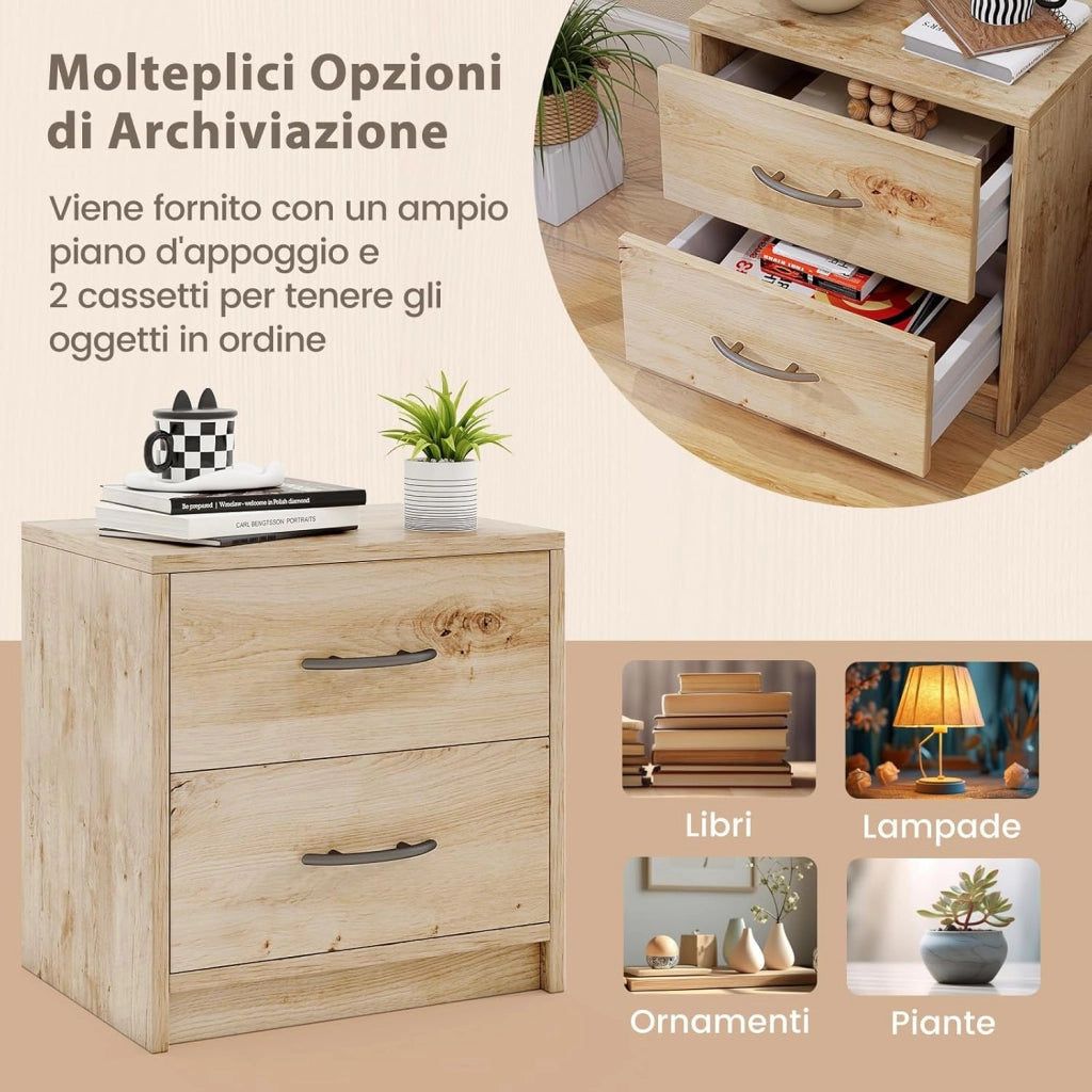COSTWAY Comodino Camera da Letto con 2 Cassetti, Comodino Salvaspazio in Legno, Comodino Mobile da Letto con Kit Antiribaltamento, per Soggiorno e Studio, 38,5 x 28 x 39 cm (Naturale, 2 Cassetti)