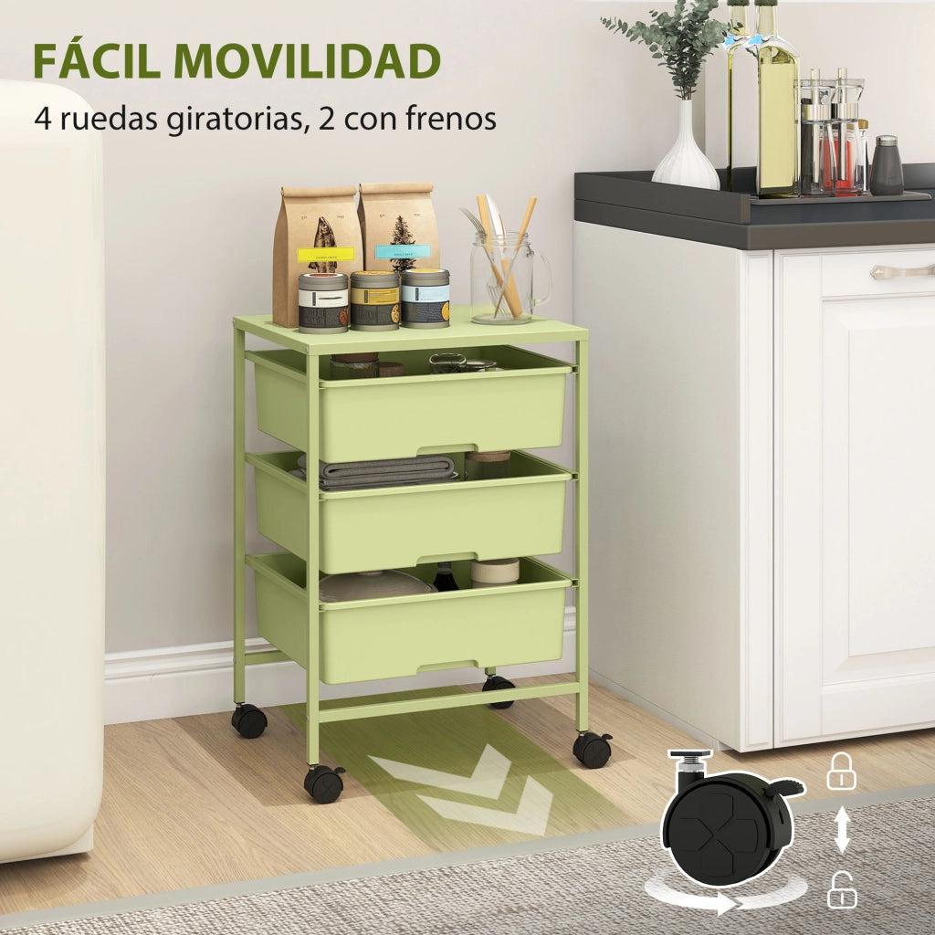 Carrello Multiuso 4 Livelli con Ruote e 3 Cestini ¨C Zephmum ¨C Verde 40.8x33.5x60.5 cm