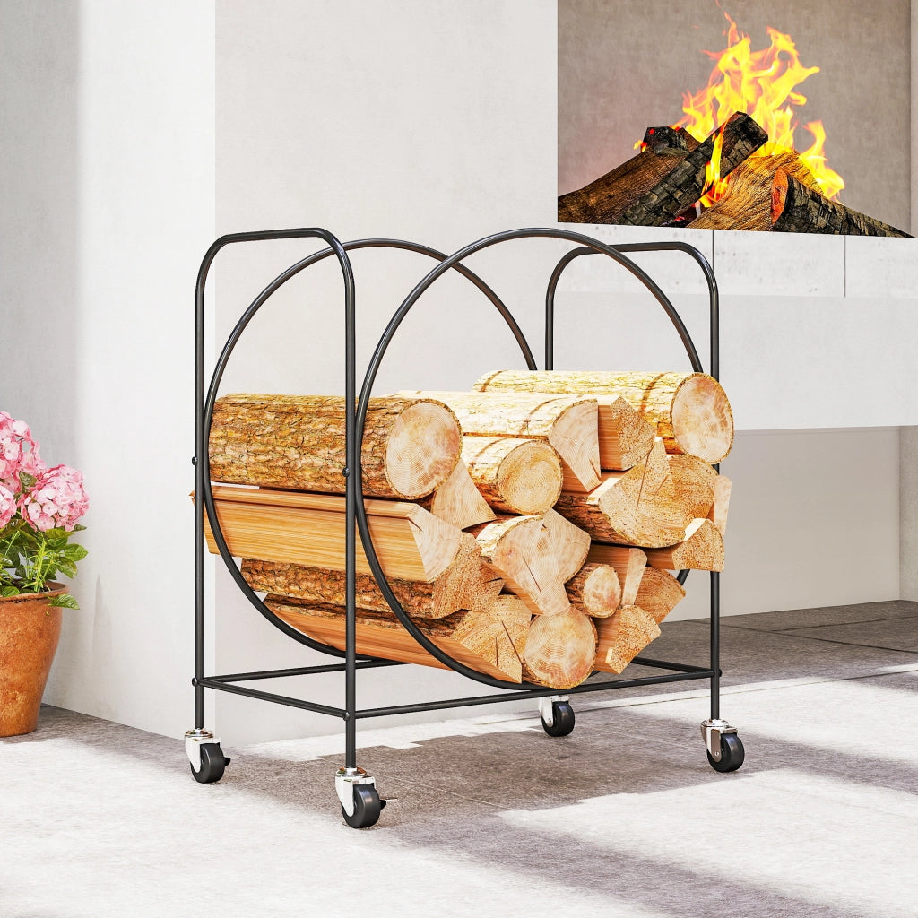 Portale legna con ruote ¨C Xylo ¨C metallo nero 51x30x60 cm per camino interno esterno