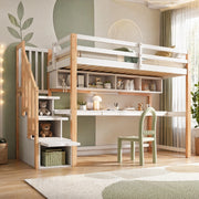 Letto a soppalco per bambini con scrivania, scaffali e scala contenitore 90x200 cm