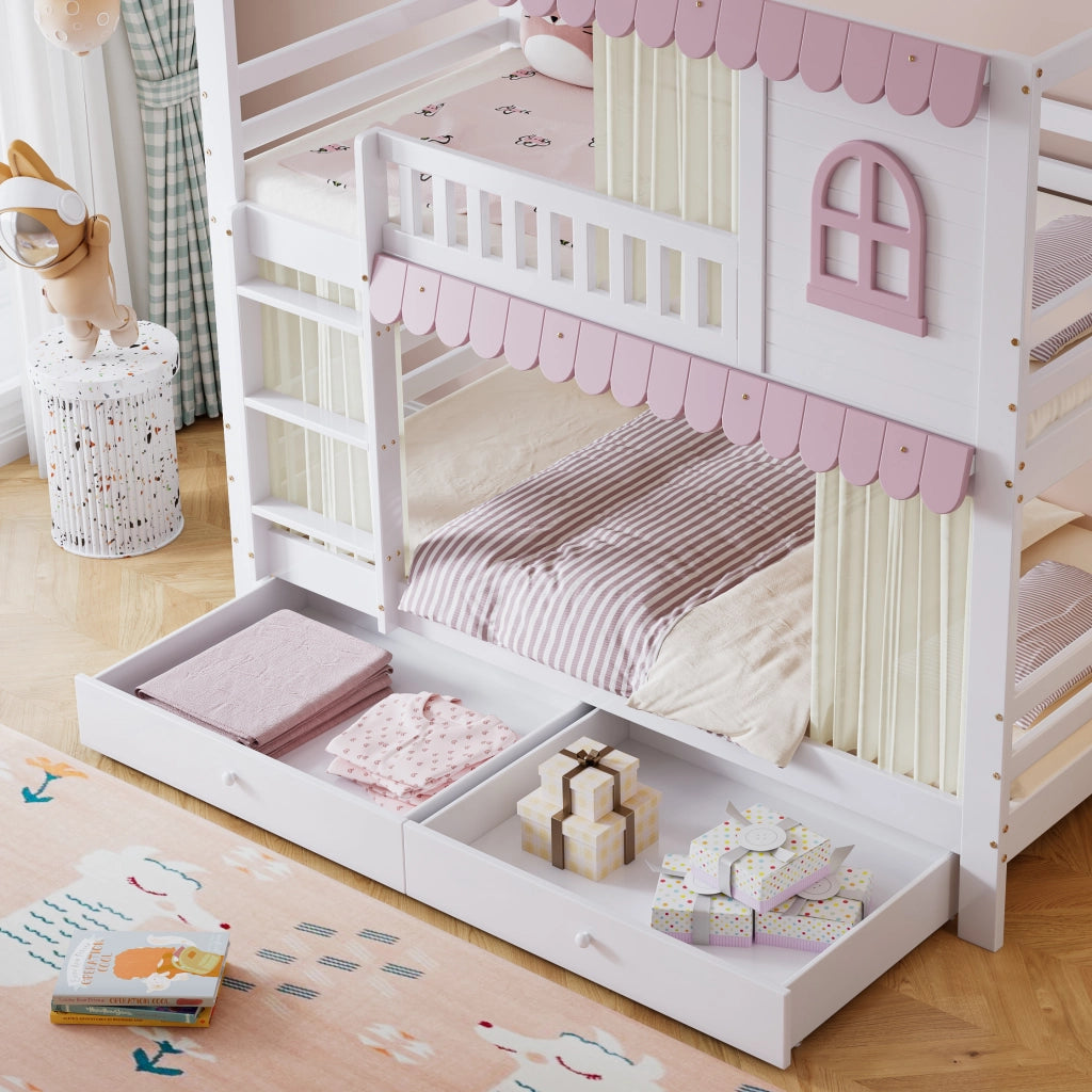 DESMIU Letto a castello bambino 90 × 200 cm 2 posti con finestre, tende, 2 cassetti, ripiani, senza materasso, bianco e rosa