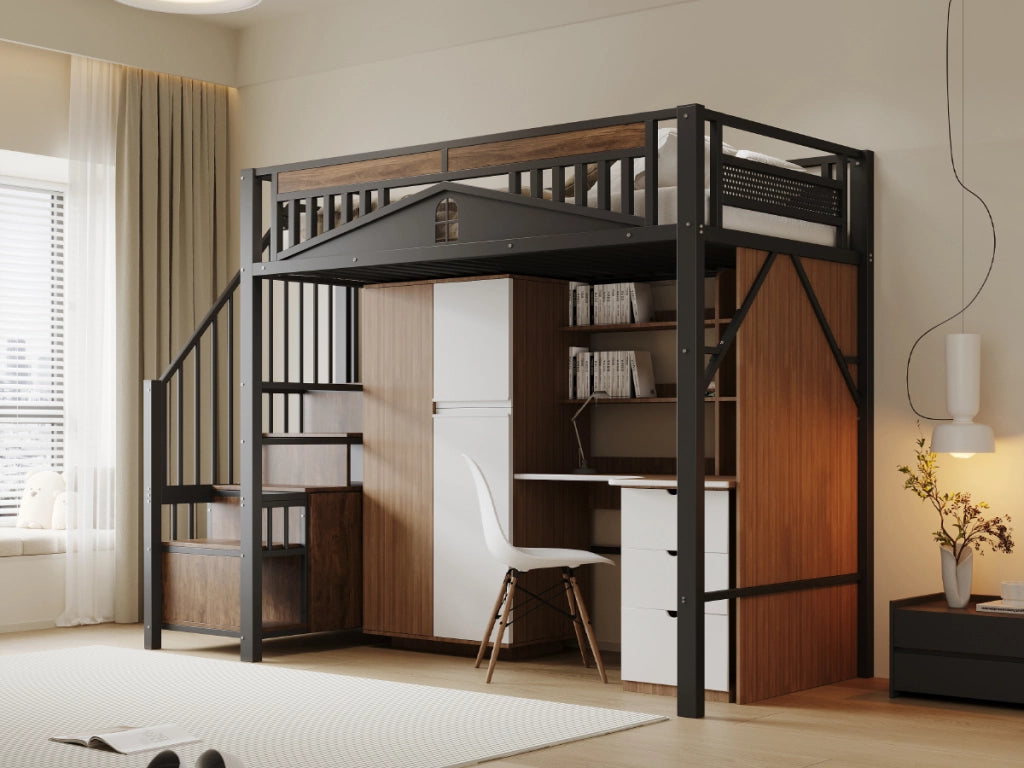 Letto a soppalco in metallo con scala contenitore; protezione a finestra e spazio sotto il letto; nero; 90x200 cm; senza materasso
