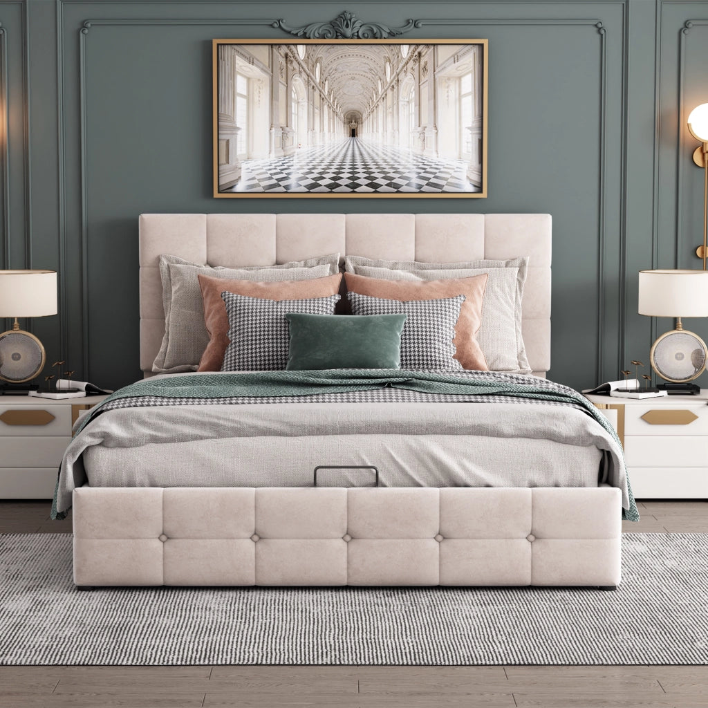 Letto imbottito matrimoniale 140×200 cm con contenitore e rete sollevabile; testiera imbottita; senza materasso; bianco crema