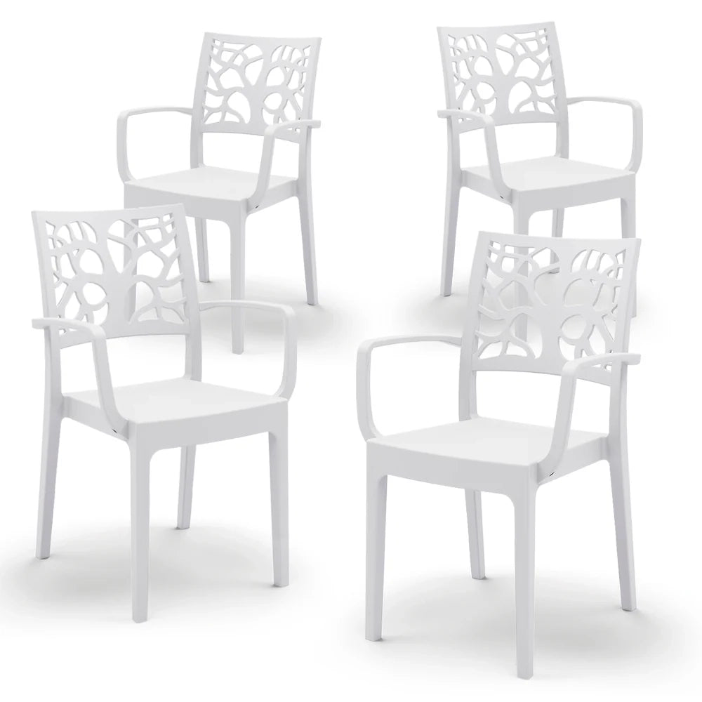 Set 4 sedie con braccioli in polipropilene TETI, impilabile, resistente ai raggi UV, design moderno, ideale per ambienti interni ed esterni, colore Bianco