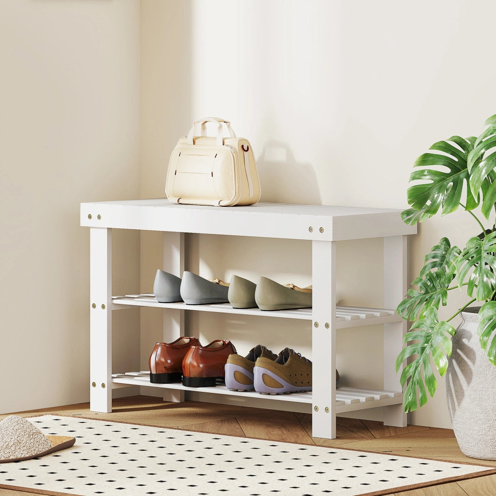 Banco portascarpe in bamb¨´ con seduta e ripiani ¨C Minimal ¨C 70x28x45 cm bianco