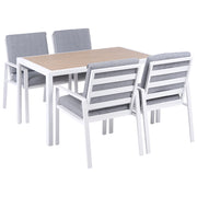 Set da pranzo da giardino 4 pezzi Tavolo e sedie bianchi e grigi Piano a doghe con cuscini Struttura in alluminio Patio esterno Moderno