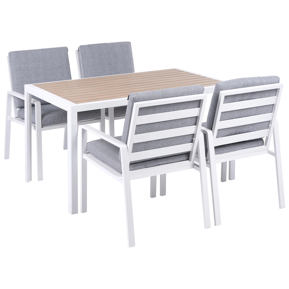 Set da pranzo da giardino 4 pezzi Tavolo e sedie bianchi e grigi Piano a doghe con cuscini Struttura in alluminio Patio esterno Moderno