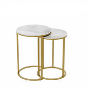 Set di 2 Bijzettafels - Tavolo con Disco in Pietra Naturale - Cornice in Metallo Oro - Design Moderno per Salotto e Camera da Letto