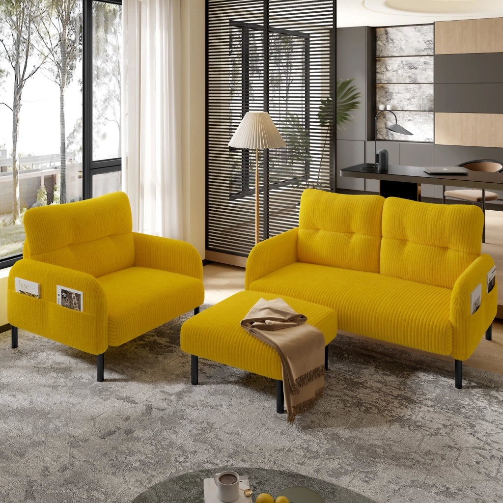 Pouf Reposapiedi in Velluto a coste con Seduta imbottita, Giallo, 56 × 51 × 39 cm