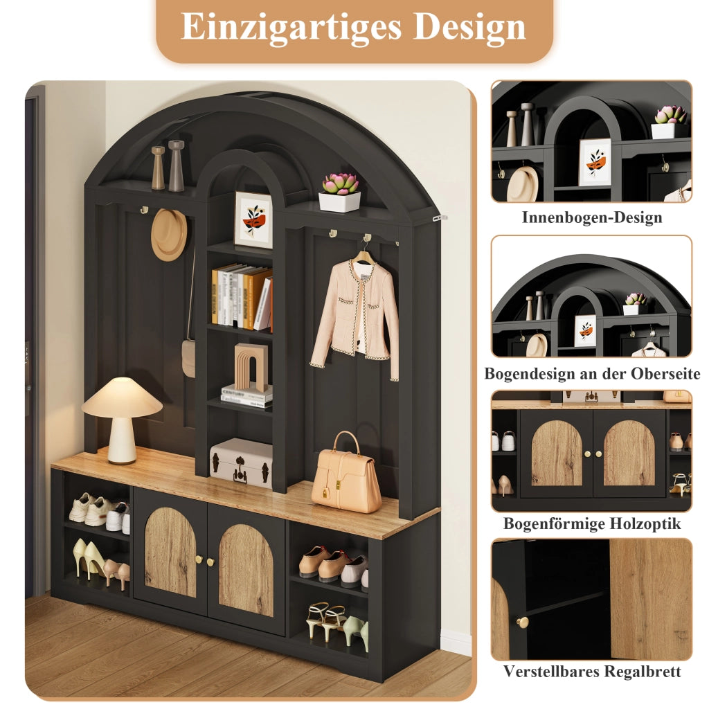 ARMADIO INGRESSO 150x40x195 cm MDF Nero con ripiani e ganci