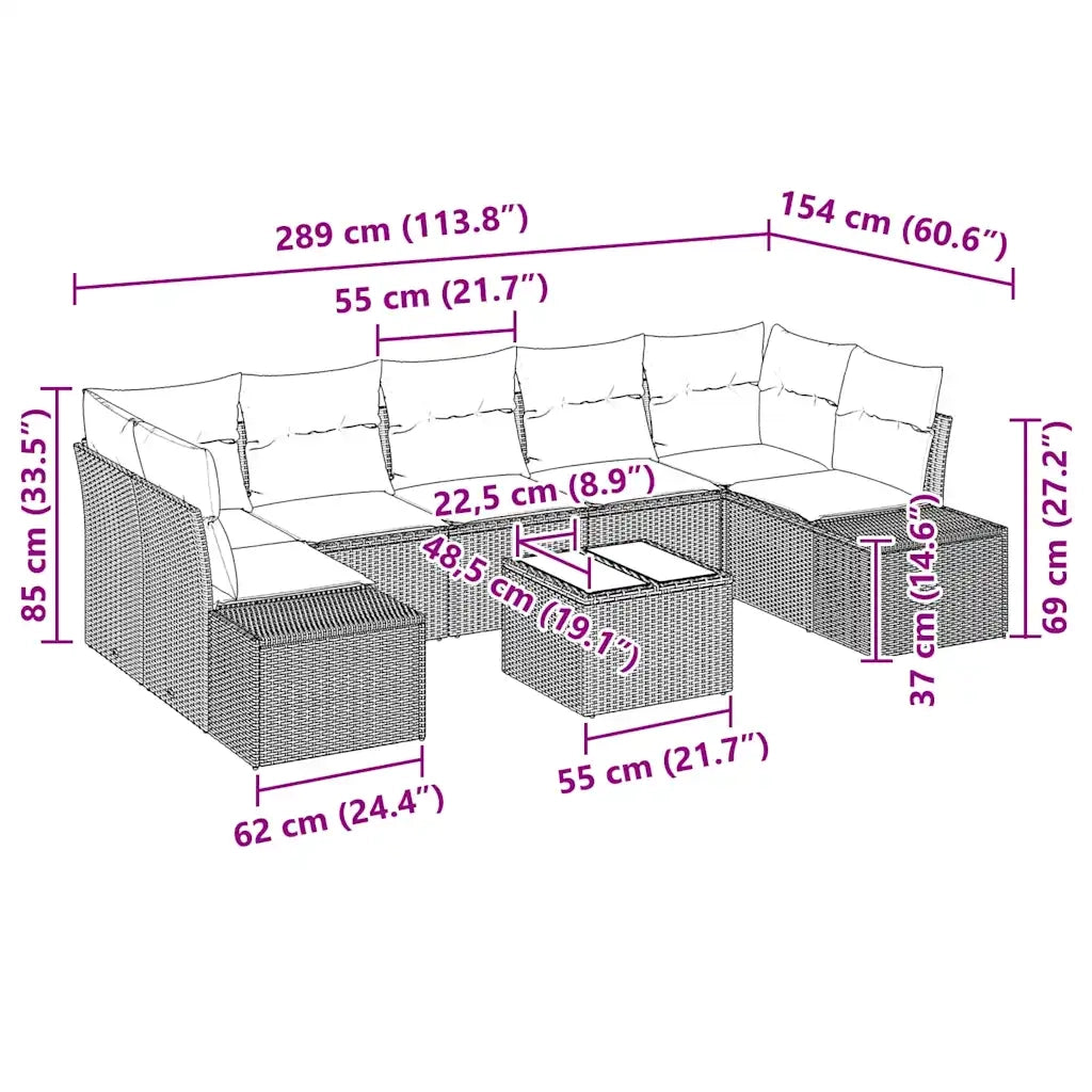 Set Divano da Giardino con cuscino 8 pcs Nero polyrattan 3346977