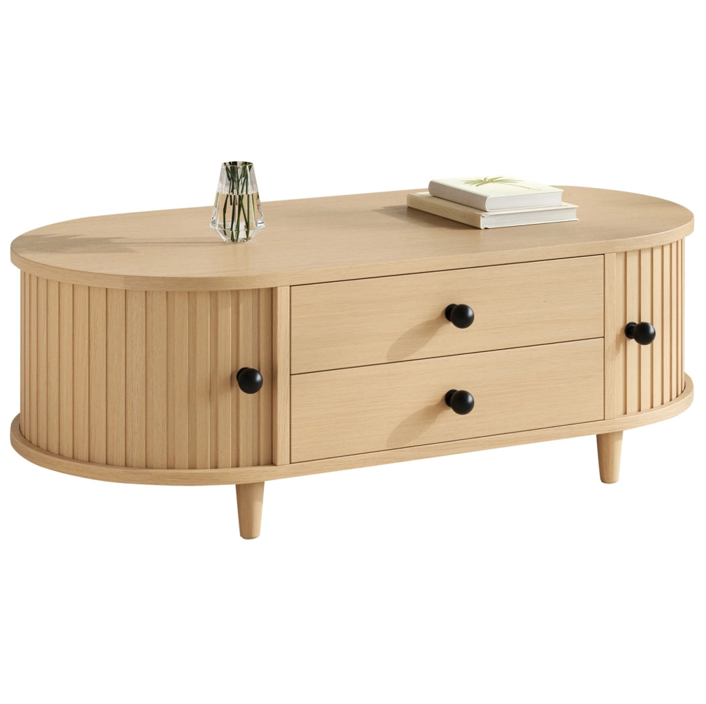 Tavolino da salotto in MDF con 2 cassetti e ante scorrevoli; 100x50x36 cm; legno naturale