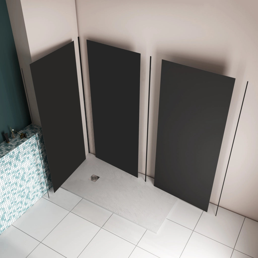 H.210 cm Pannello Doccia ad Angolo 80x90x120 cm Realizzato in Alluminio da 3 mm con Profili Finitura Nero Opaco per Rivestimento Parete Bagno