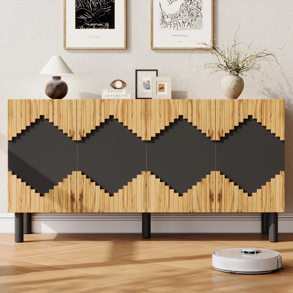 Credenza, mobile da ingresso, motivo a rombi, in truciolato e MDF, ripiani regolabili, colore legno naturale e nero