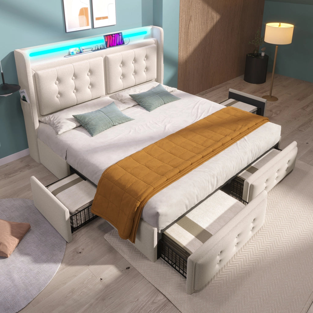 Letto Matrimoniale 180x200 Beige con 4 Cassetti; LED; 2 Prese; USB e Type-C