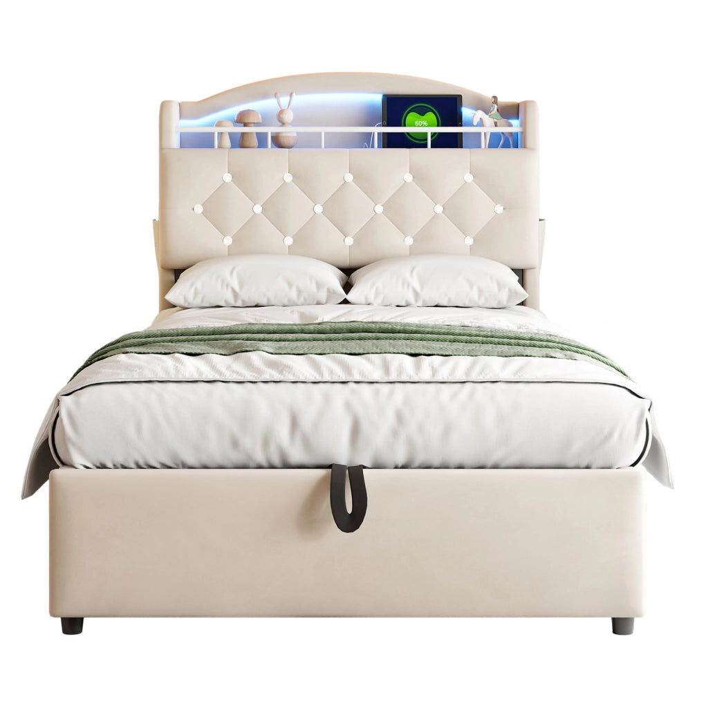 Letto imbottito 90x200 con contenitore, LED e porte USB, beige