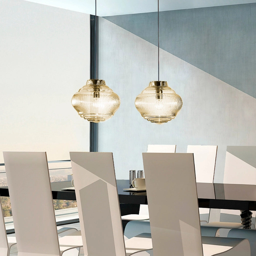 Bonnie Lampada a sospensione in vetro soffiato trasparente lavorazione rigadin, struttura metallo grigio, altezza 313 cm, attacco E27, ideale indoor