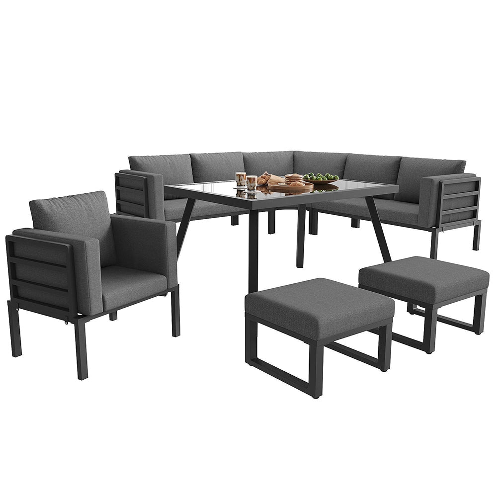 Set di sedie da giardino a mezzaluna per 8 persone - Xylo - Struttura in ferro robusta con cuscini grigi, include tavolo in vetro, 1 poltrona e 2 sgabelli, resistente alle intemperie