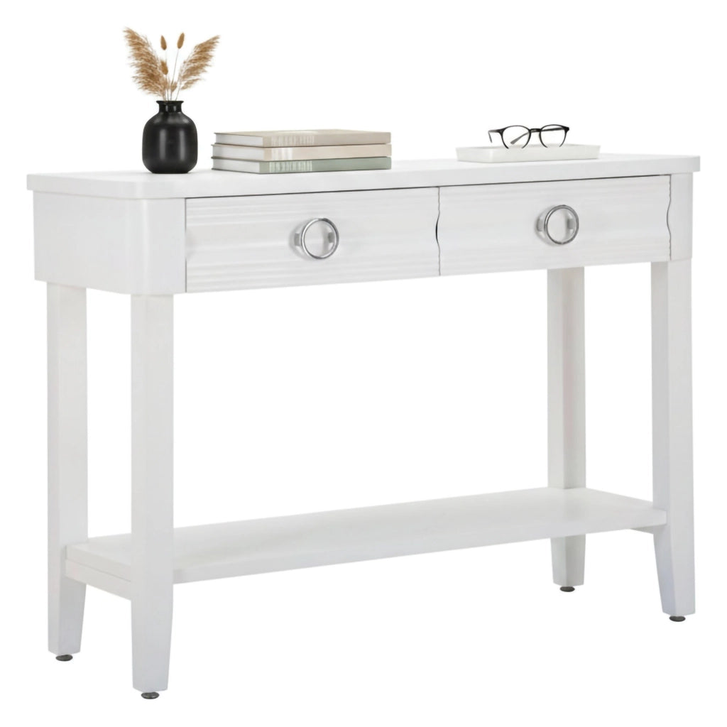 Consolle Bakar, Tavolo multiuso, Mobiletto d'appoggio, Scrivania da corridoio, 110x40 h82 cm, Bianco