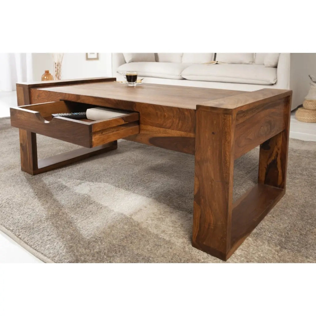 Tavolino basso MOKARA 100 cm in legno massiccio di sheesham con cassetto stile contemporaneo