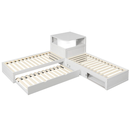 Letto singolo con letto estraibile 90x200 cm LEMONMAX, contenitore con ante scorrevoli e LED, salvaspazio per cameretta, pino e MDF, bianco