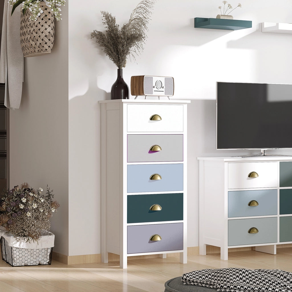 Cassettiera 5 cassetti multicolore ¨C Xylo ¨C maniglie metallo conchiglia MDF 45x30x95cm