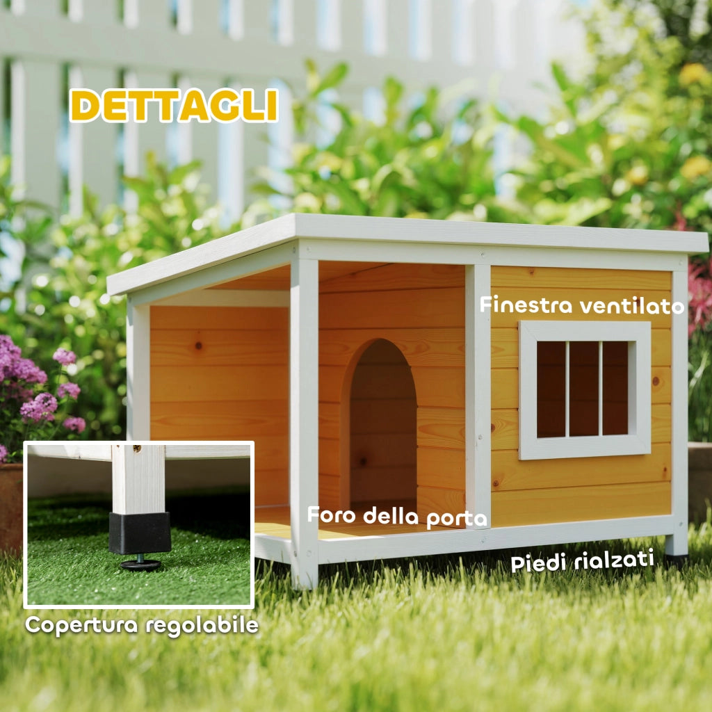 Cuccia per Cani da Esterno in Legno di Abete con Veranda Coperta e Tetto Inclinabile. 85.5x62x60 cm. Multicolore