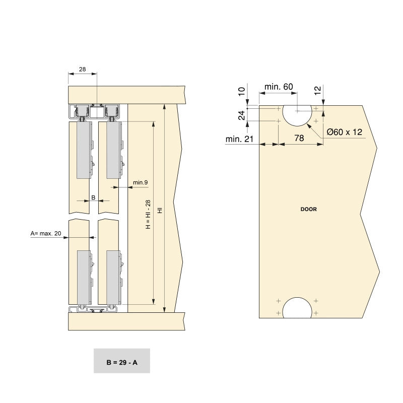 Sistema Flow 2 da superficie in kit per un armadio con 2 ante scorrevoli in legno supportate da chiusura ammortizzata