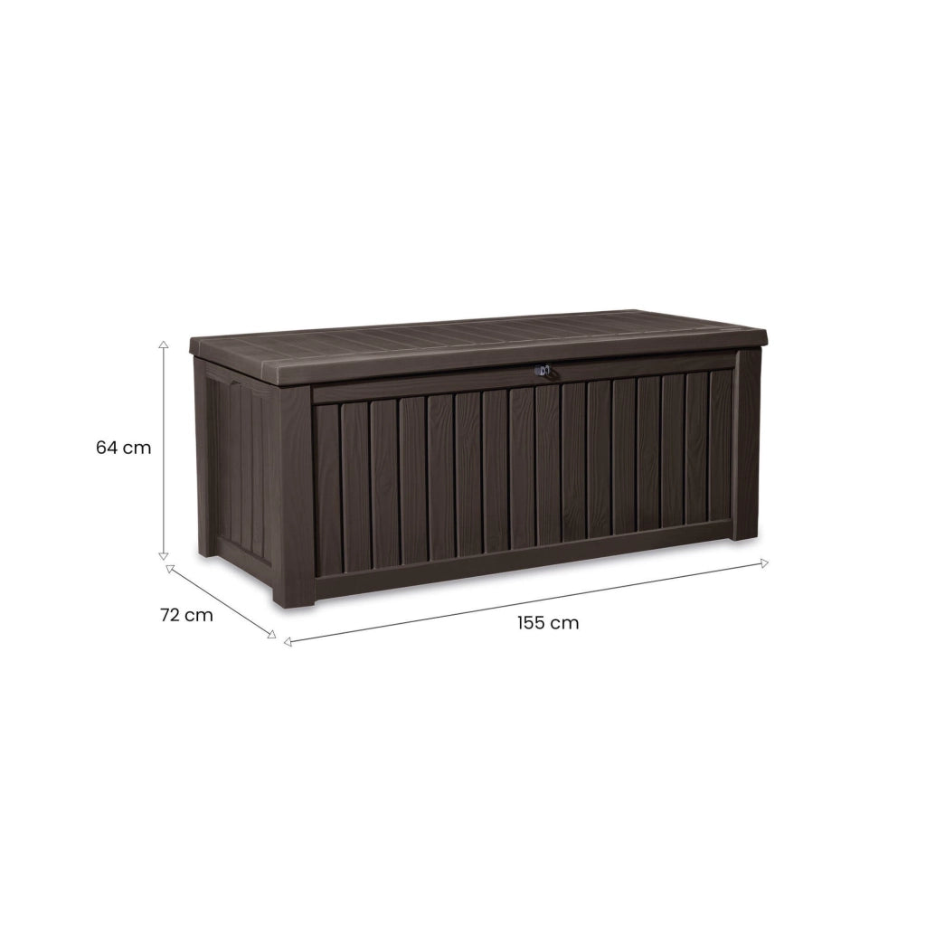 Cassapanca outdoor Hawkesbury, Baule da giardino, Contenitore da esterno, Panchina contenitore da esterno, 155x72 h64 cm, Marrone