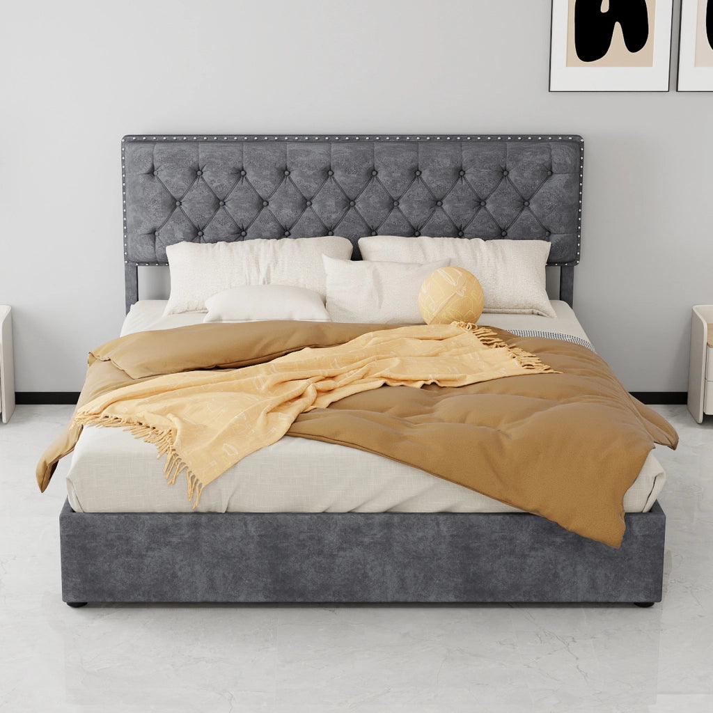 DESMIU Letto contenitore 160 × 200 cm 2 posti con spazio sotto il letto, senza materasso, in tessuto e metallo, grigio
