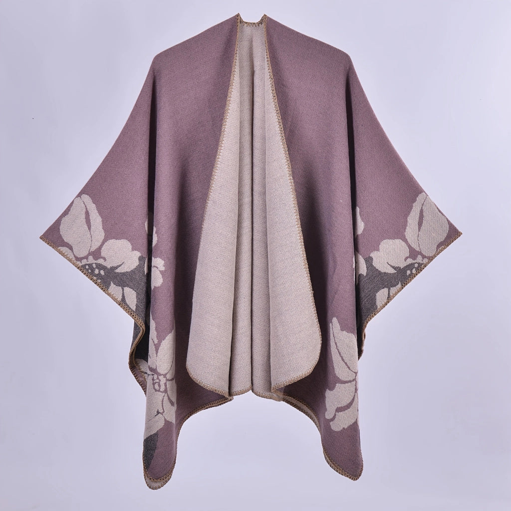 Elegante scialle/mantella in cashmere con stampa floreale su entrambi i lati, imbottito per maggiore calore e protezione, perfetto come sciarpa o mantello esterno.