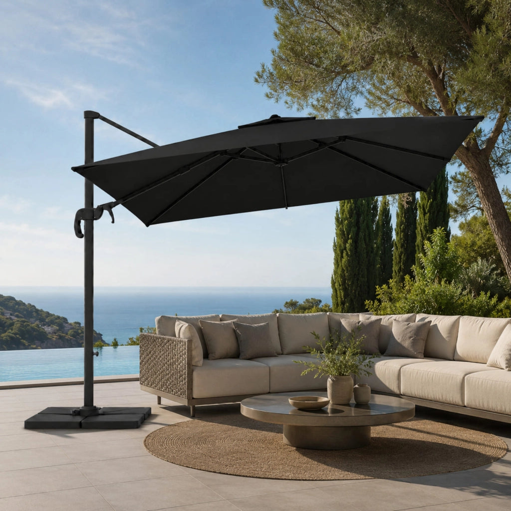 Ombrellone 3X4 M Con Braccio Retrattile E Rotabile A  360° Per Piscina Gazebo Terrazze Bar Hotel In Acciaio Inossidabile Telo 180 G M2 Resistente Ai Raggi UV Impermeabile Nero