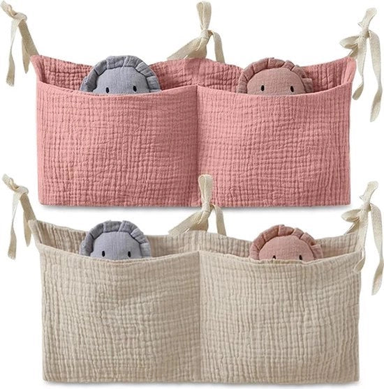 Set di organizzatore per lettino a due pezzi, organizzatore per camera da bambino 2 in 1, organizzatore per lettino regolabile, adatto per l'archiviazione di pannolini, abiti, giocattoli, ecc. (rosa + kaki)
