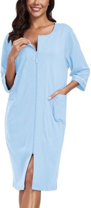 Camicia da notte femminile colorata con cintura, giacca leggera in cotone 100%, notte da camera con maniche 3/4 e tasche (blu chiaro, M)