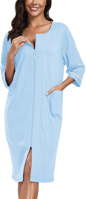 Camicia da notte femminile colorata con cintura, giacca leggera in cotone 100%, notte da camera con maniche 3/4 e tasche (blu chiaro, M)