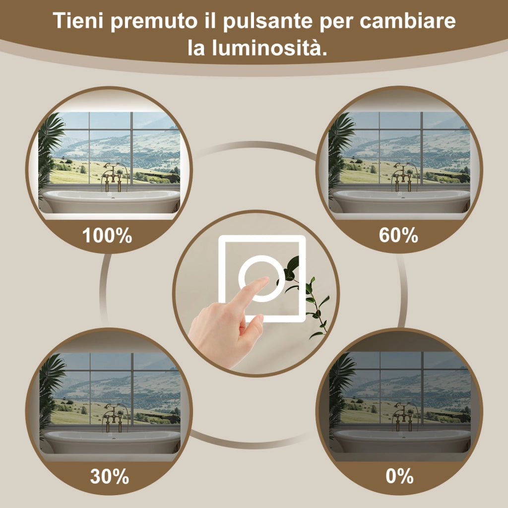 AICA 80 x 60cm Specchio da bagno con LED, Rettangolare, Touch, Memoria, Dimmerabile, Retroilluminato